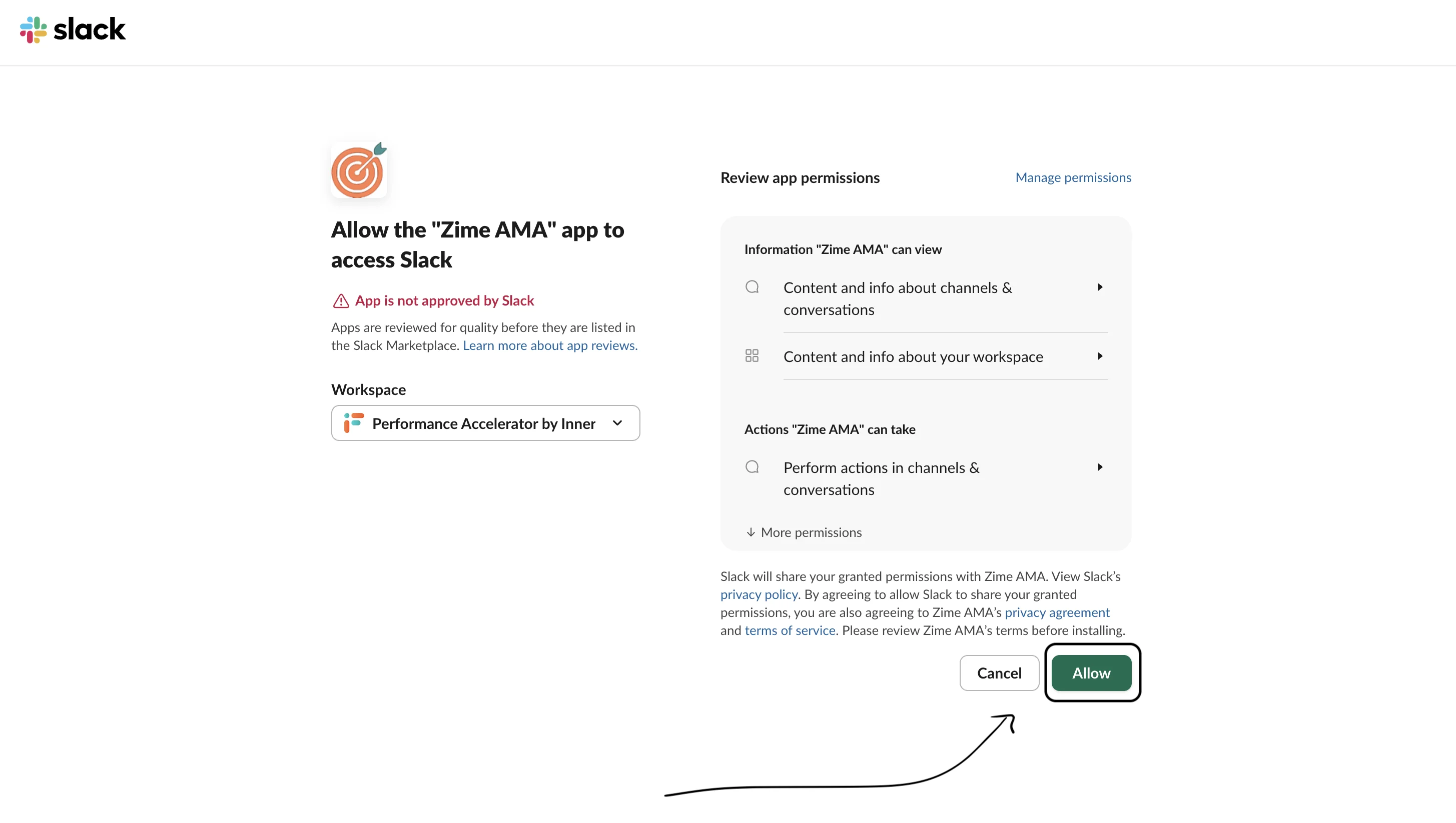 Zime AMA onboarding and sign-in flow in Slack, step 2